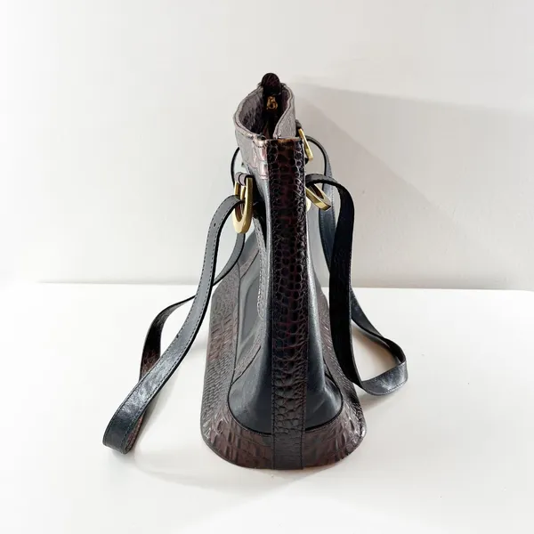 Brahmin Croc Embossed Leather Tote Handbag Purse Black Brown - Image 8