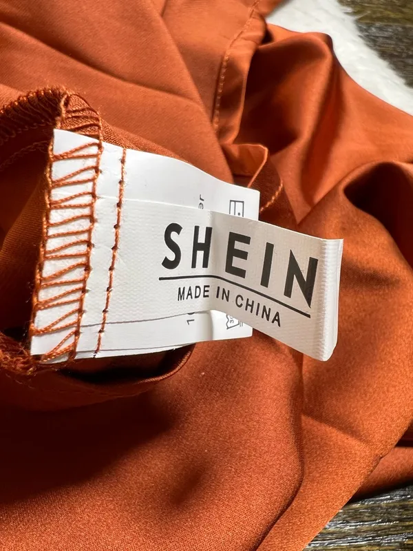 Shein Burnt Orange Satin Cowl Neck Maxi Dress Side Slit Covered Buttons Large - Image 7