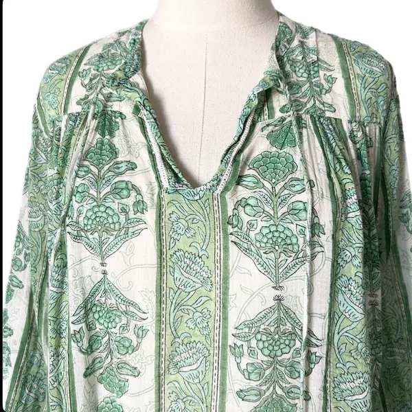 Roller Rabbit Tasseled Abstract Caftan Cover Up Dress Green White Floral Small - Image 3