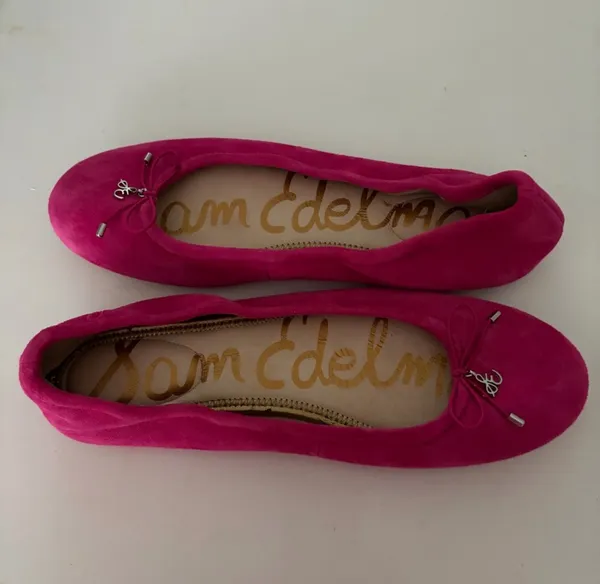 Vibrant pink suede, leather ballet flats by Sam Edelman. Featuring a rounded toe with silver logo charm detail. Perfect for adding flair to any outfit. - Image 3