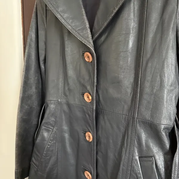 80s Vintage Emotion Dark Gray Leather Trench Coat with Belt | Small Retro - Image 10