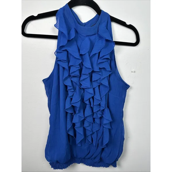 Vintage Mossimo Medium Top Blue Ruffles Y2K‎ Womens Sleeveless Tank Halter Neck - Image 2