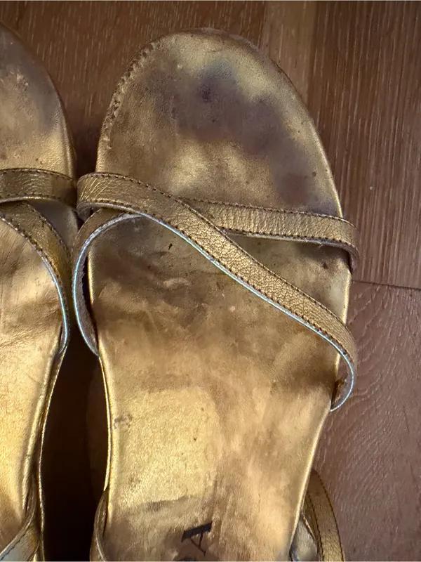 Prada Gold Metallic Platform Ankle-Strap Sandals heavily worn out - Image 9