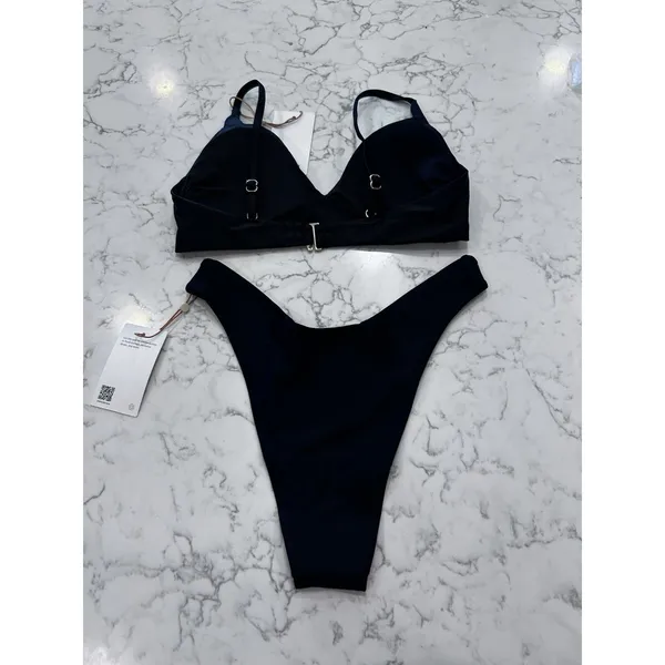 NWT Quince Black Italian V Neck Bikini Top & High Leg Bottom Set Size Small - Image 2