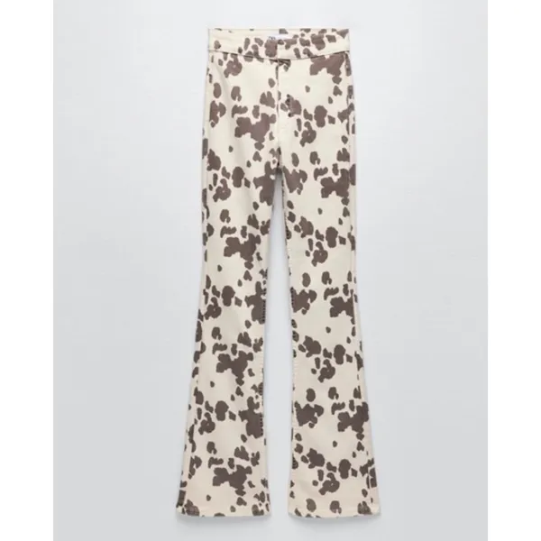 Zara Cow‎ Print High Waisted Flared Pants Brown Cream Womens Size 6 - Image 3