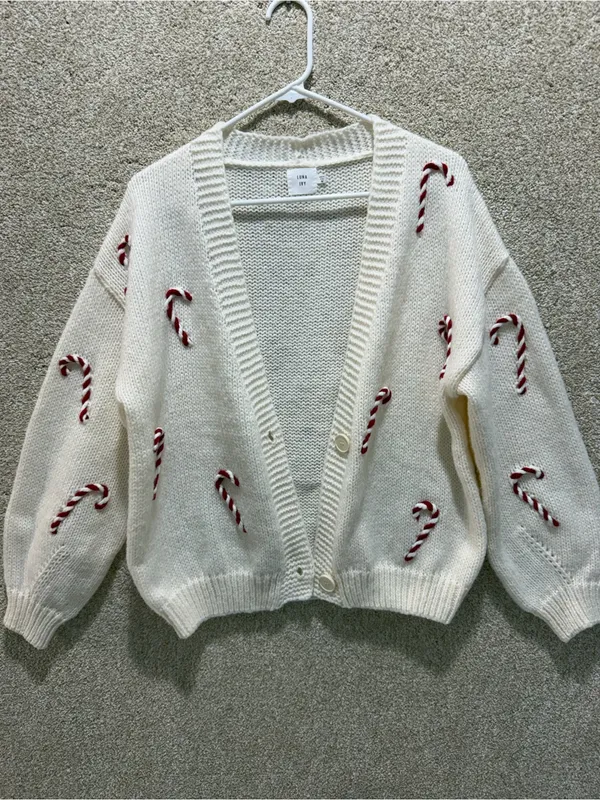 Candy cane knit cardigan medium holiday Christmas Luna Ivy sweater cute grandma - Image 2