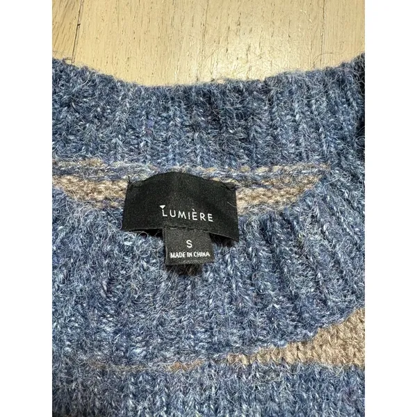Lumiere Blue and Brown Striped Grunge Distressed Knit Sweater - Image 2