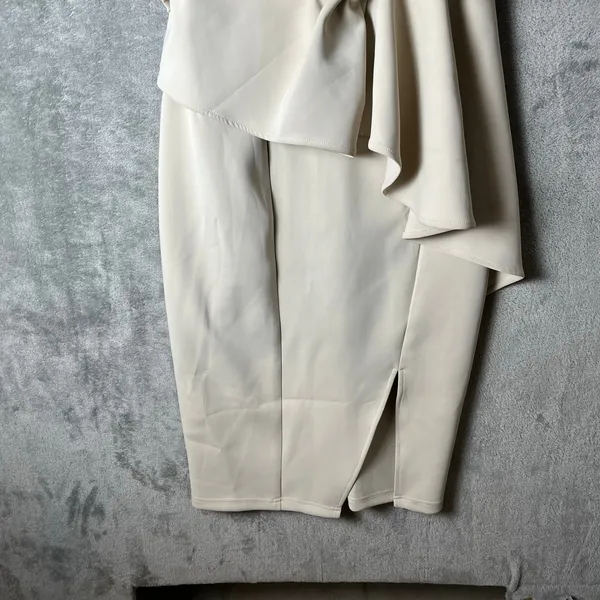 Fehaute‎ Sophisticated Beige Midi Dress Sleeveless Wrap Front Draped Bow MED New - Image 8