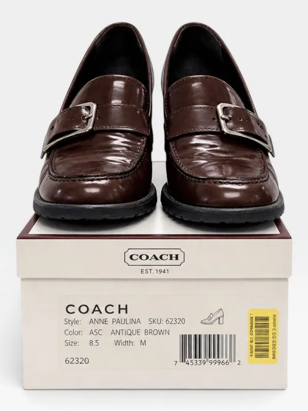 Coach Paulin Spazzolato Dark Brown Leather Heeled Loafers Size 5.5 NIB - Image 2
