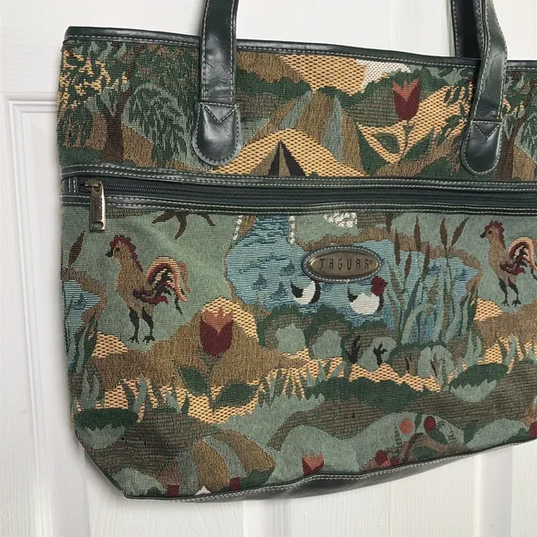 Jaguar Vintage Tapestry Tote Bag Womens OS Green Farm Scene Animal Woven Cotton - Image 3
