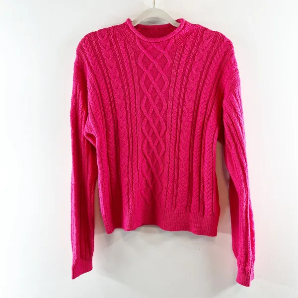 J. Crew Mockneck Cable Knit Cotton Pullover Sweater Pink Medium - Image 2
