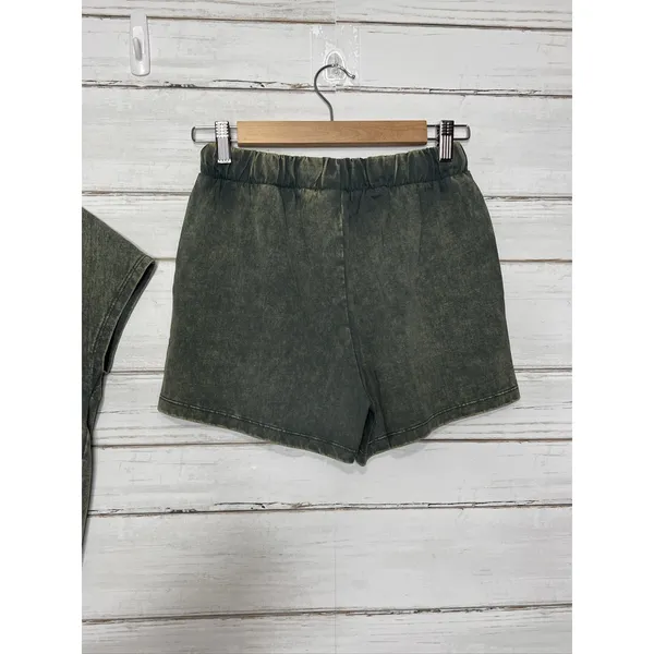 Zenana Acid Wash T-Shirt & Shorts Matching Set Small Dark Green Cotton Lounge - Image 8