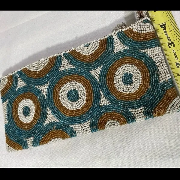 Hand Beaded Wristlet Clutch Teal Brown White Geometric Boho Zip Pouch - Image 3