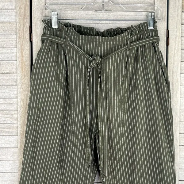 SIENNA SKY High Rise Cropped Casual Pants w Paperbag Waist Olive Stripe-L - Image 2