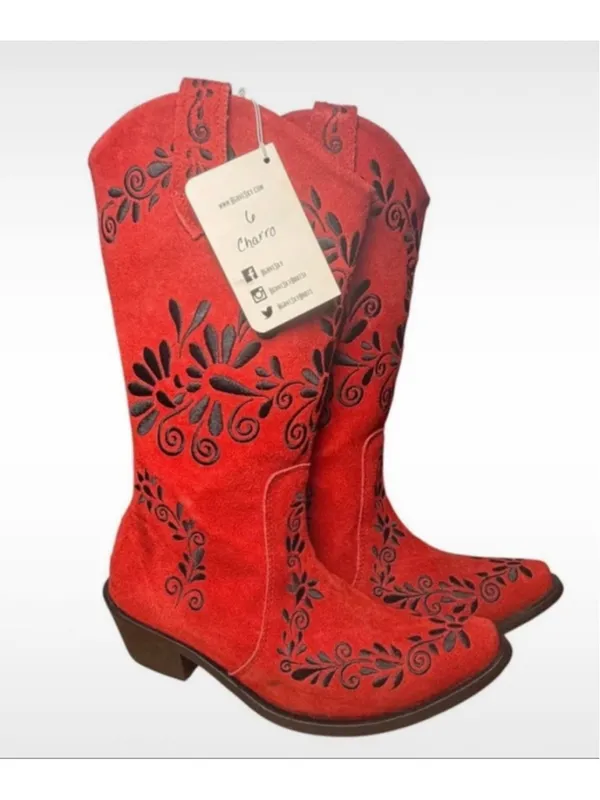 RARE Agave Sky Red Suede Embroidered Floral Western Cowgirl Boots Sz 6 Charro! - Image 4