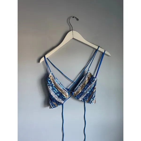 Princess Polly Blue Silver Savannah Sequin Top Festival adjustable straps sz 2 - Image 2