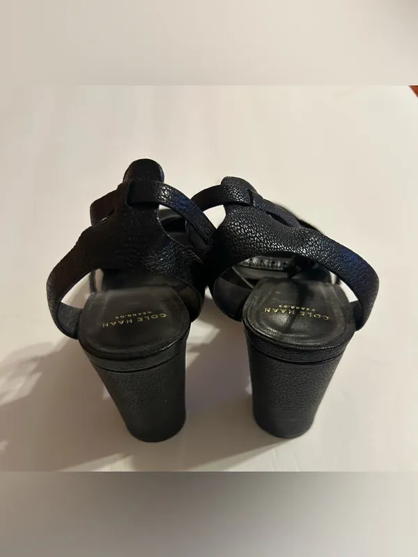 Cole Haan Black Leather Heeled Sandals with Gold Cutouts - Image 3