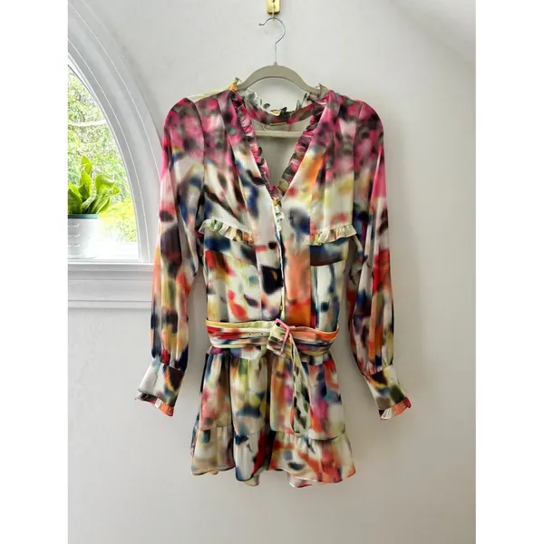 ALEXIS Leonie Mini Dress Abstract Print Long Sleeve Ruffle Tiered Belted Flowy S - Image 2