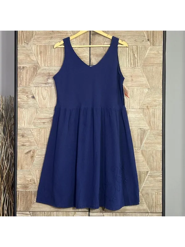 Boho Navy Blue Tiered Cotton Midi Dress Large Sleeveless Minimalist Summer - Image 2