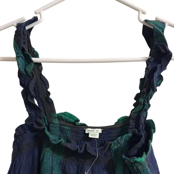 Aerie Navy Green Plaid Ruffle Strap Romper‎ with Velvet Tie S/P - Image 3