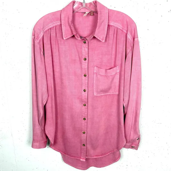 Anthropologie Pilcro Boyfriend Button Down Shirt Viscose Pocket Pink Size Small - Image 2