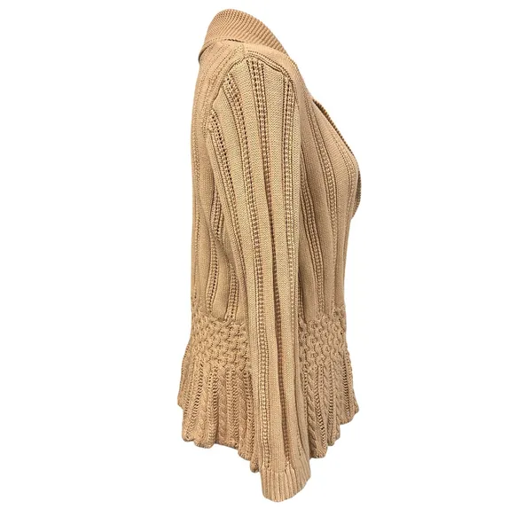 Chaps Petite Cable Knit Peplum Cardigan Boho 100% Cotton Shawl Collar Tan P/L - Image 4