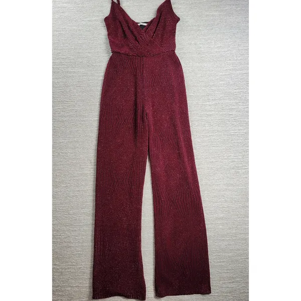 Mi Ami Glitter Jumpsuit Womens XXS Red Faux Wrap Wide Leg Holiday New Year Party - Image 2
