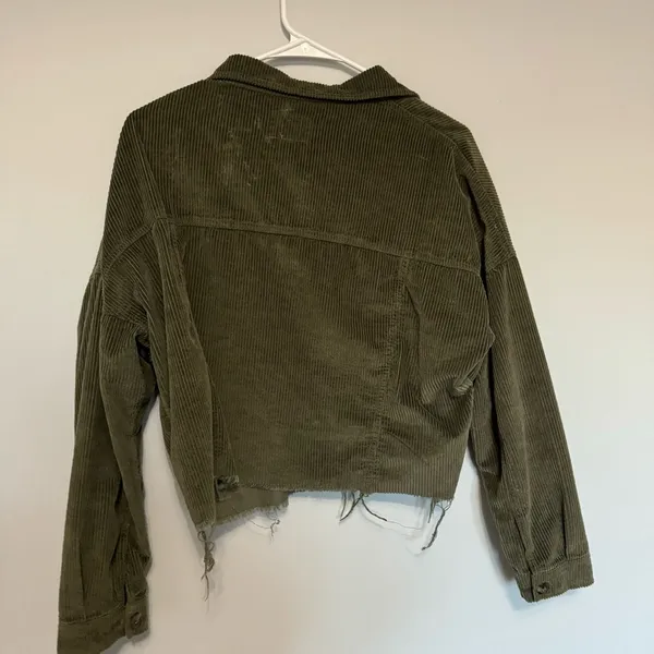 American Eagle Olive Corduroy Raw Hem Cropped Jacket - Image 6