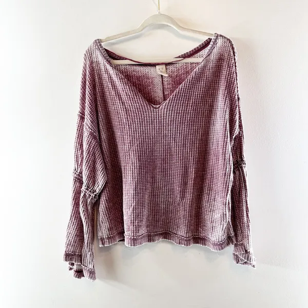 Free People Dahlia Long Bell Sleeve Thermal Waffle Knit Top Plum Maroon Small - Image 2