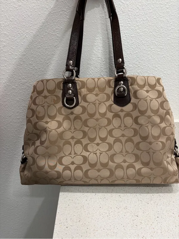 Coach Ashley Signature Sateen Carryall Satchel Bag F15510 Khaki Brown Leather⁠ - Image 6