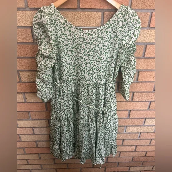 BY TIMO Green Garden Floral Print Jacquard Woven Viscose Tiered Dress XS - Image 5