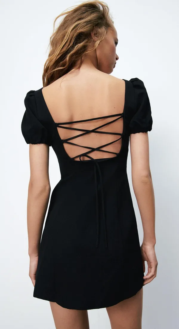 ZARA linen blend little black dress bohemian milkmaid mini linen - Image 4