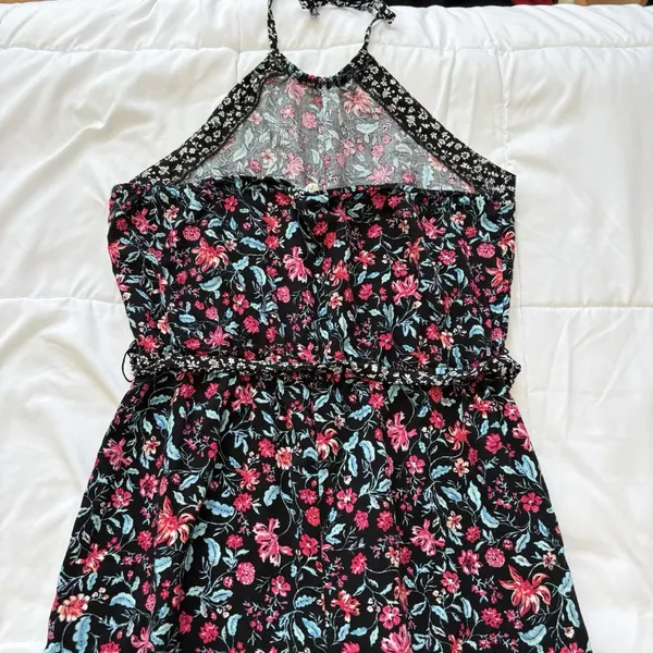 Kingston Gray Jumpsuit Womens Large Floral Black Tie‎ Halter Whimsy Hippie Boho - Image 10