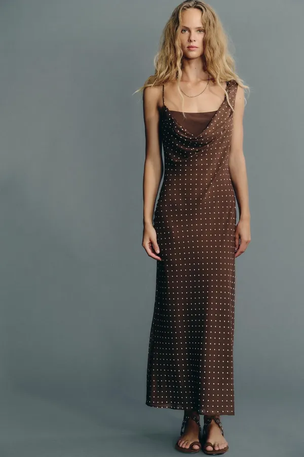 Zara Elegant Brown Polka Dot Cowl Neck Maxi Dress - Image 2