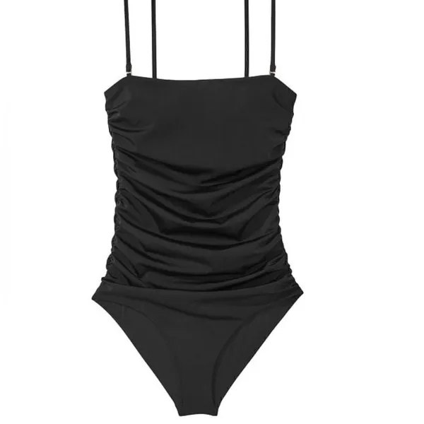 Solid Black Ruched Square Neck Cheeky One-Piece Swimsuit Size Medium - Image 3