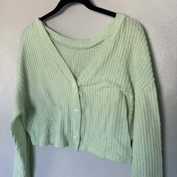 Shein Mint Green Waffle Knit Cropped Button Cardigan Sweater 1XL - Image 3