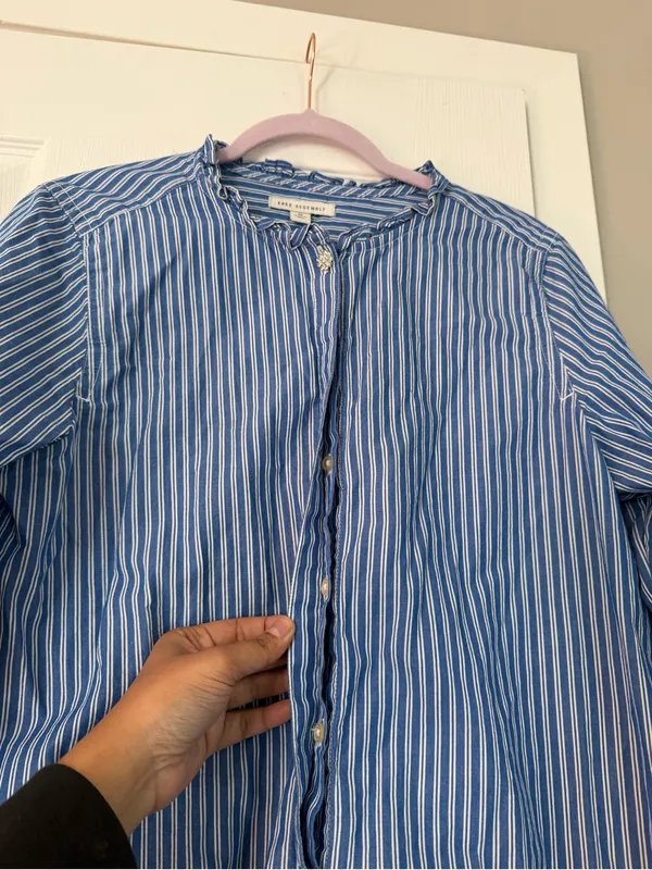 Free Assembly Blue Plaid Shirt Rhinestone Button Blouse Top - Image 5