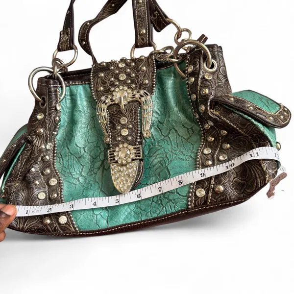 Y2K 2000s Western Mcbling Bimbo Goth Leather Rhinestone Large Buckle Hand Shoulder Bag Purse Preppy bedazzled silver stud blue turquoise brown #cowgirl #whimsygoth #grunge #punk #stagecoach festival Measurement in pics Some distressing see pics - Image 6