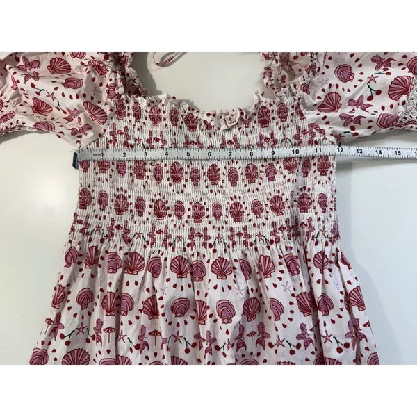 Hill House Home Mermaid Nap Dress Pink Red‎ Seashell Smocked Puff Sleeve Boho XS - Image 5