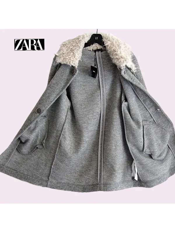 ZARA Gray Coat with Cream Faux-Shearling Collar - Image 8