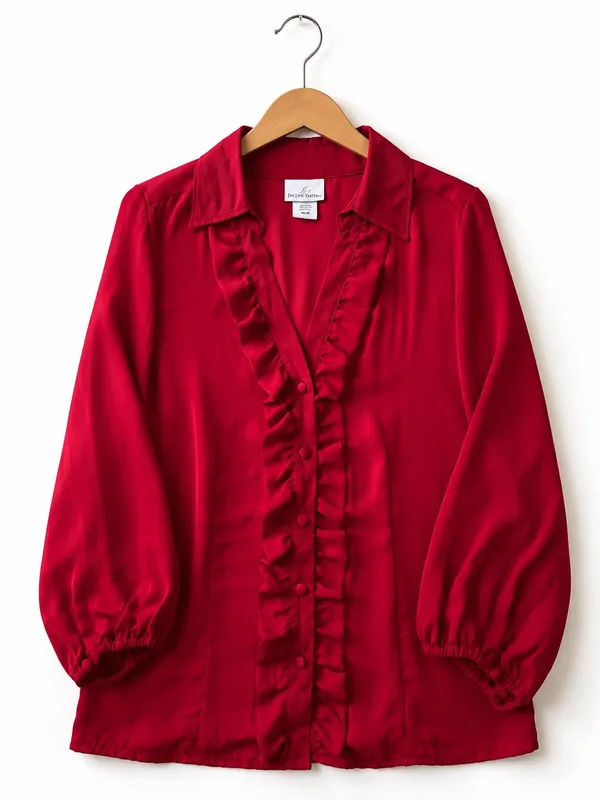 Jaclyn Smith Red Satin Ruffle Button Front 3/4 Balloon Sleeve Blouse Women’s M - Image 15
