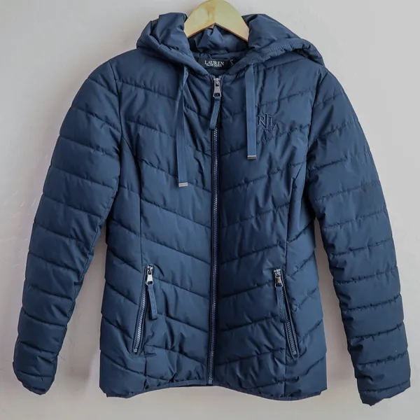 Lauren Ralph Lauren Puffer‎ Jacket Womens XS Navy Blue Chevron Quilted Hood Coat - Image 3