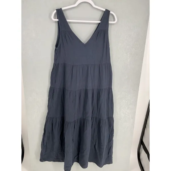 Quince Womens Dress Organic Cotton Tiered Maxi V-Neck Slate Blue Small - Image 2