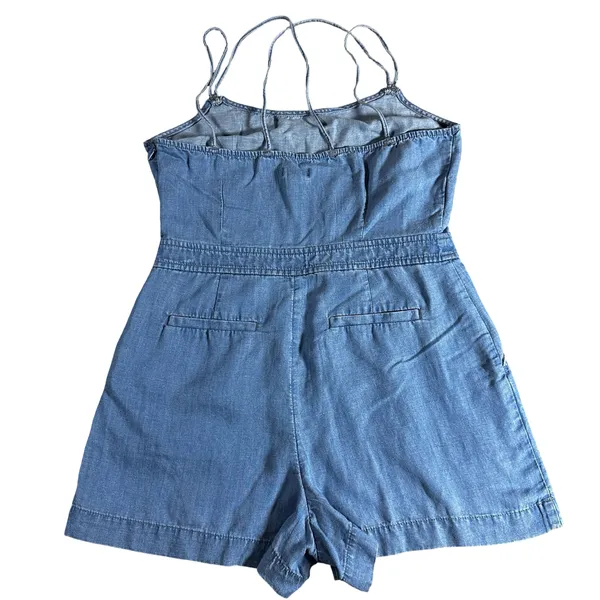 LOFT Petites Chambray Romper 6P Strappy Crisscross Linen Blend - Image 2