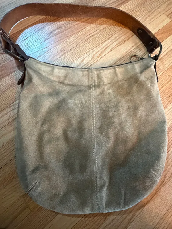 Sundance Suede Shoulder Bag in Taupe with Brown Leather Strap - Image 2
