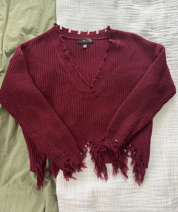 LUV NYC Destructed V-Neck Sweater - Image 4