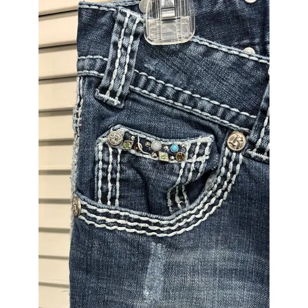 Rock & Roll Cowgirl‎ Bootcut Denim Jeans Pocket Beads Embroidered Gems Sz 29x32 - Image 3