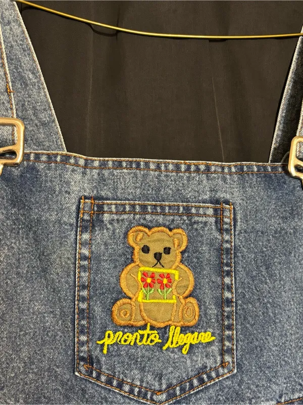 D’Roci Maternity Denim Overalls with Embroidered Bear Patch Pocket size Medium - Image 4