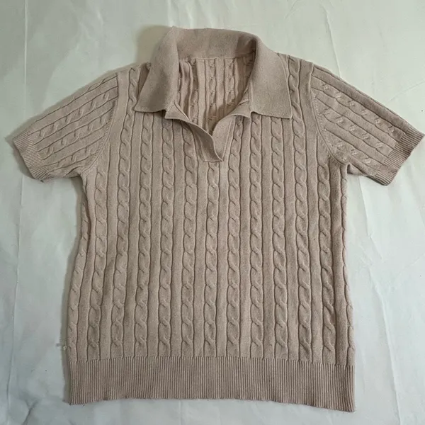 Dusty Rose Cable Knit Polo - Coquette Aesthetic - L - Image 3