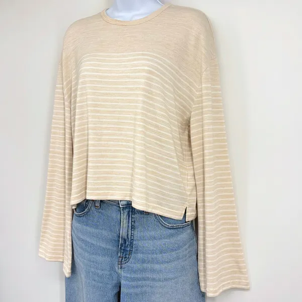 rag & bone Striped Long Sleeve Top Womens LG Beige White Bell Sleeve Jersey‎ - Image 3